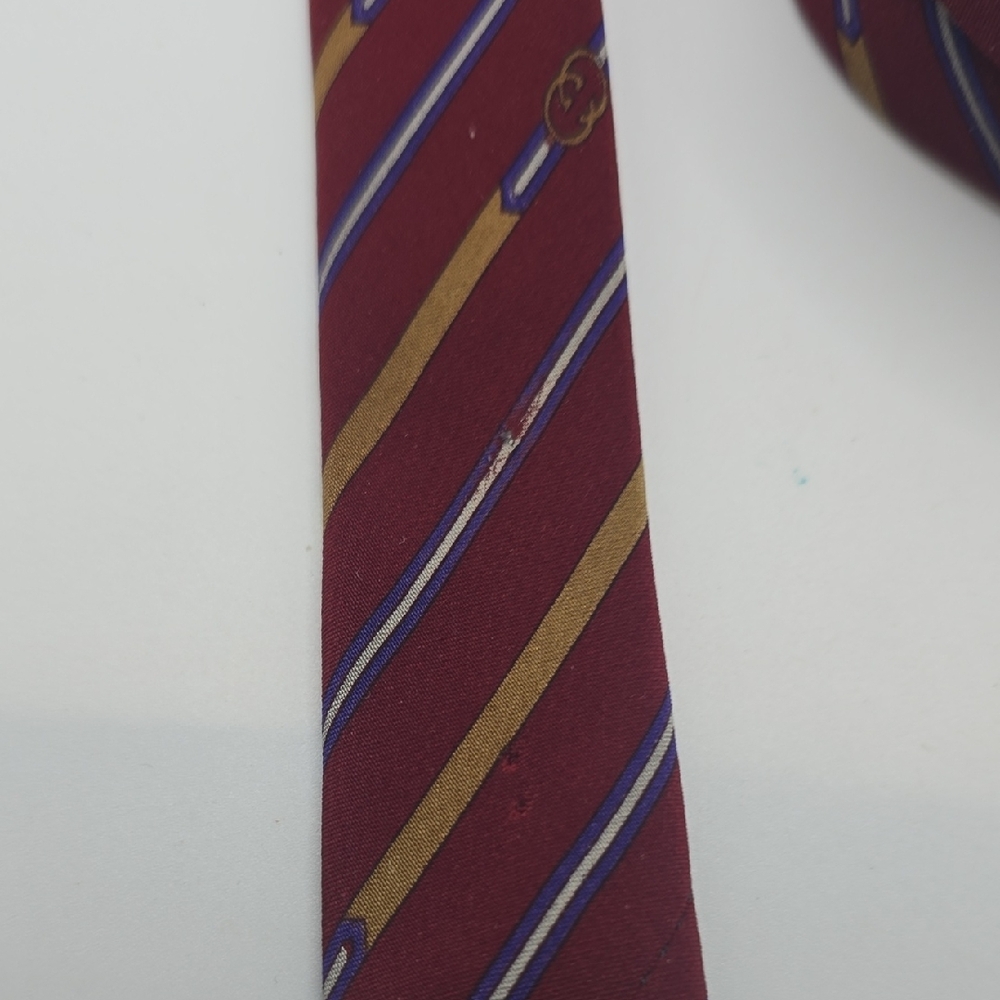 Vintage Silk Gucci Burgundy Tie with Gold and Blue Stripes - Picture 10 of 11